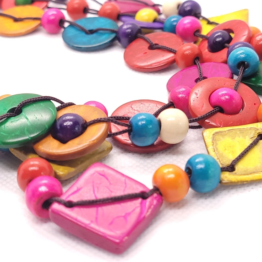 Multicolor Geometric Statement Necklace Long Layered Bead Boho Artisan Tribal